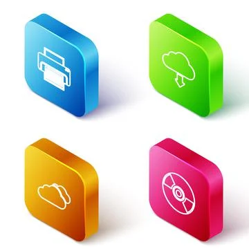 Set Isometric line Printer, Cloud download, and CD or DVD disk icon. Vector Stock Illustration