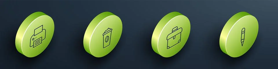 Set Isometric line Printer, Coffee cup to go, Briefcase and Pencil icon. Vector Stock-Illustration