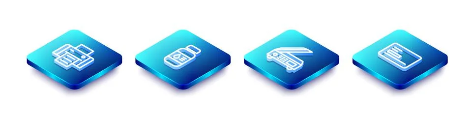 Set Isometric line Printer, ink bottle, Scanner and Business card icon. Vector Stock Illustration