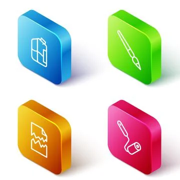 Set Isometric line Printer ink bottle, Paint brush, Torn document and roller Stock Illustration