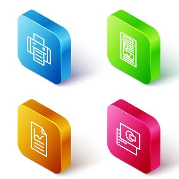 Set Isometric line Printer, News, Document with graph chart and Business card 스톡 일러스트