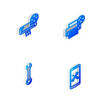 Set Isometric line Printer service, Air conditioner, Wrench and Smartphone icon Illustrazione stock