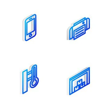 Set Isometric line Printer, Smartphone, Meteorology thermometer and Warehouse Stock Illustration