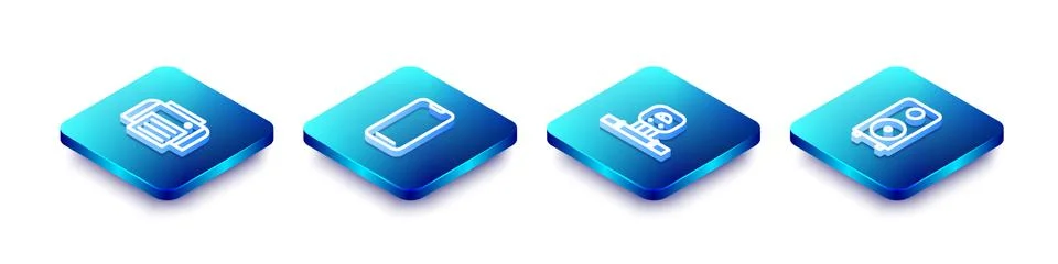 Set Isometric line Printer, Smartphone, sensor and Stereo speaker icon. Vector Stock Illustration