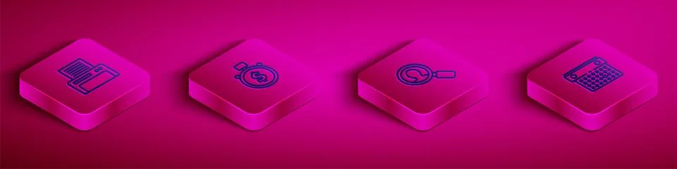 Set Isometric line Printer, Time is money, Magnifying glass for search peop.. Stock Illustration