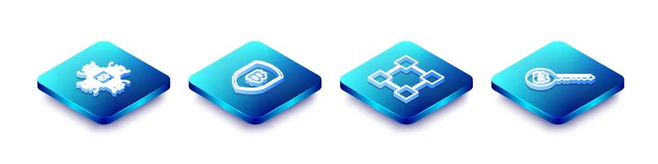 Set Isometric line Processor chip with dollar, Shield bitcoin, Blockchain Illustrazione stock