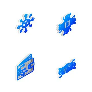 Set Isometric line Processor chip with dollar, Distribution, Cryptocurrency Stock Illustration