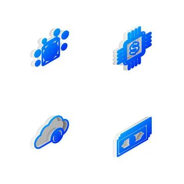 Set Isometric line Processor chip with dollar, ASIC Miner, Cryptocurrency cloud Illustrazione stock