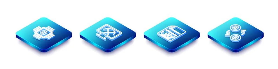 Set Isometric line Processor chip with dollar, Mining monitor and pickaxe, Sm Ilustración de archivo