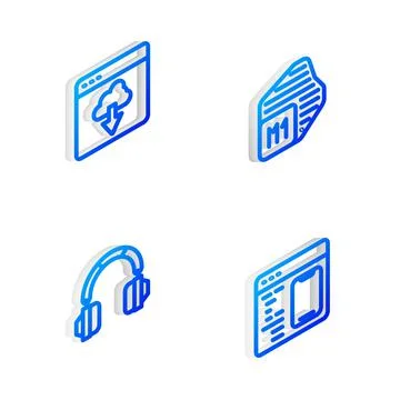 Set Isometric line Processor, Cloud technology data transfer, Headphones and Stock Illustration