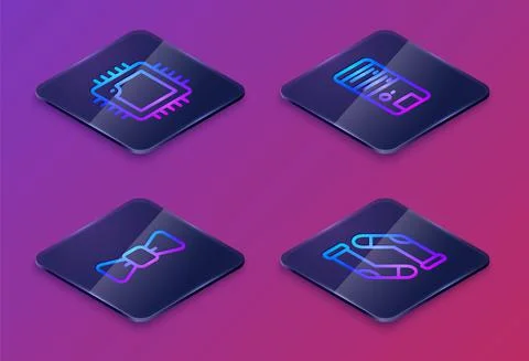 Set Isometric line Processor with CPU, Bow tie, Computer and Socks. Blue square Illustrazione stock