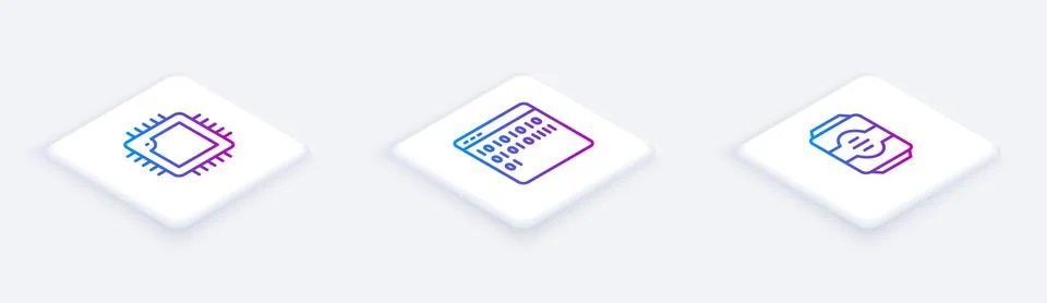 Set Isometric line Processor with CPU, Binary code and Energy drink. White 스톡 일러스트