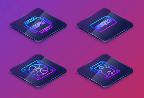 Set Isometric line Processor with CPU, Computer cooler, SSHD card and Hard disk Illustrazione stock