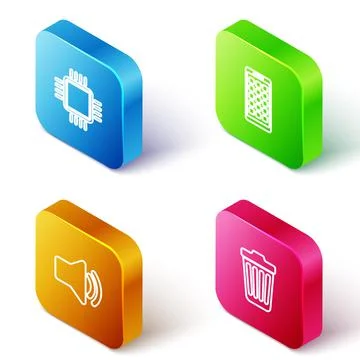 Set Isometric line Processor with CPU, Mobile Apps, Speaker volume and Trash can Stock-Illustration