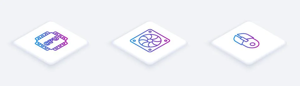 Set Isometric line Processor with CPU, Computer cooler and mouse. White square Illustrazione stock