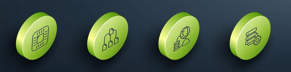 Set Isometric line Processor with CPU, Folder tree, Network cloud connection and イラスト素材