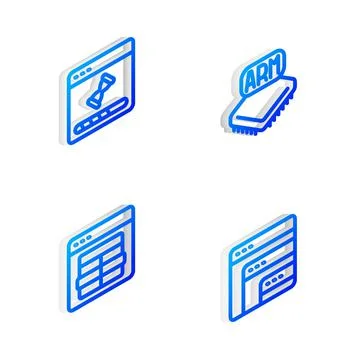 Set Isometric line Processor, Loading data window, MySQL code and Software icon Stock Illustration