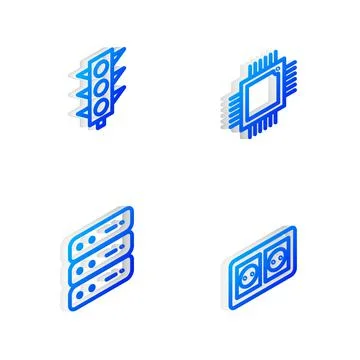 Set Isometric line Processor with microcircuits CPU, Traffic light, Server, Data Illustrazione stock