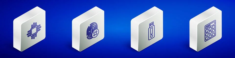 Set Isometric line Processor with microcircuits CPU, Cancelled fingerprint, USB Stock Illustration