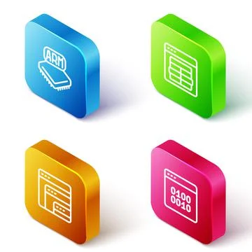 Set Isometric line Processor, MySQL code, Software and Binary icon. Vector Stock Illustration