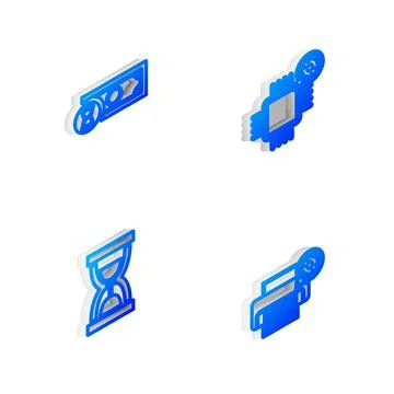 Set Isometric line Processor setting, Fast payments, Old hourglass with sand and Illustrazione stock