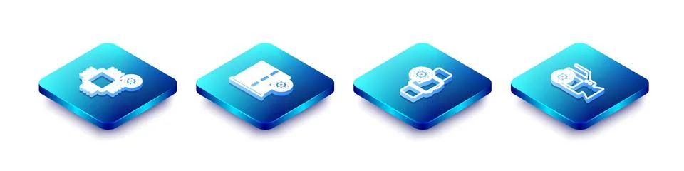 Set Isometric line Processor setting, Server, Smartwatch and Video camera icon Stock Illustration