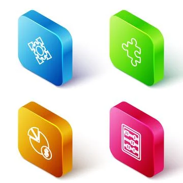 Set Isometric line Project team base, Piece of puzzle, chart and dollar and Stock Illustration