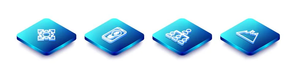 Set Isometric line Project team base, Light bulb with dollar on mobile Stock Illustration