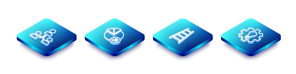 Set Isometric line Project team base, Financial growth, Stair with finish flag Stock Illustration