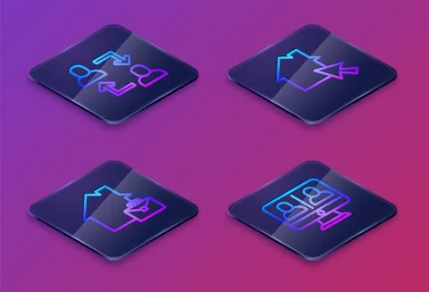 Set Isometric line Project team base, Online working, and Video chat conference Stock Illustration