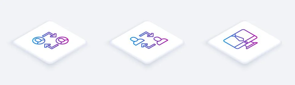 Set Isometric line Project team base, and Video chat conference. White square Stock Illustration