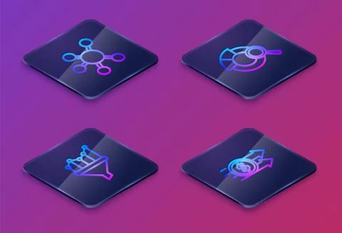 Set Isometric line Project team base, Sales funnel with chart, Search data an Illustrazione stock