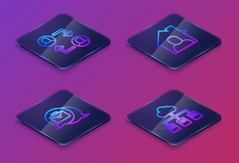 Set Isometric line Project team base, Online working,  and . Blue square butt Stock Illustration