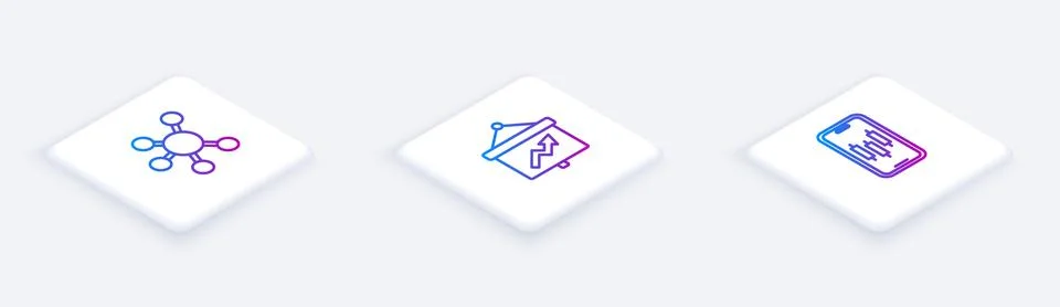Set Isometric line Project team base, Board with graph and Mobile stock tra.. Stockillustratie