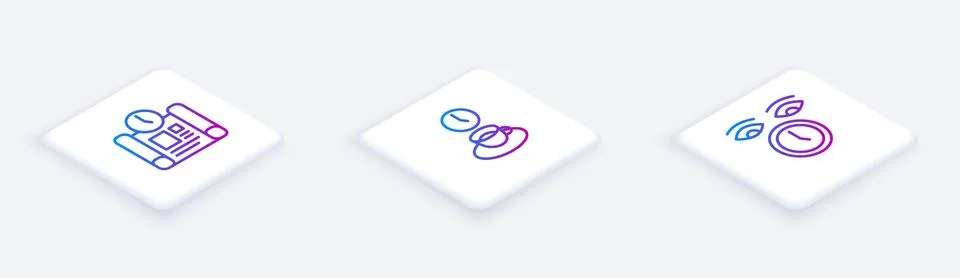 Set Isometric line Project time plan, Coffee and Clock. White square button Stock Illustration