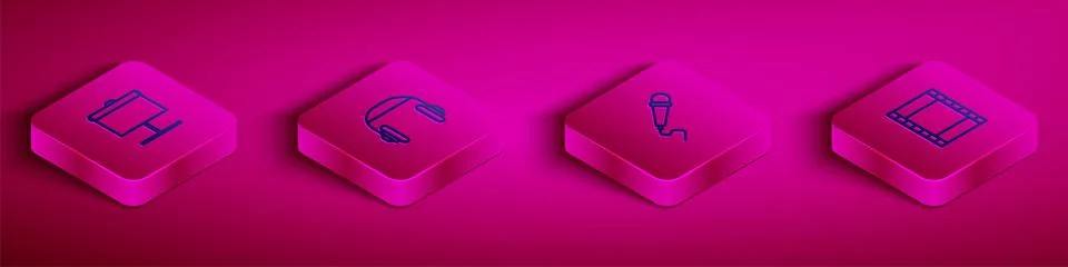 Set Isometric line Projection screen, Headphones, Microphone and Play Video icon Stock Illustration