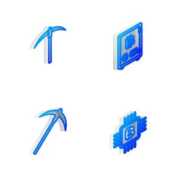 Set Isometric line Proof of stake, Pickaxe,  and CPU mining farm icon. Vector Illustrazione stock