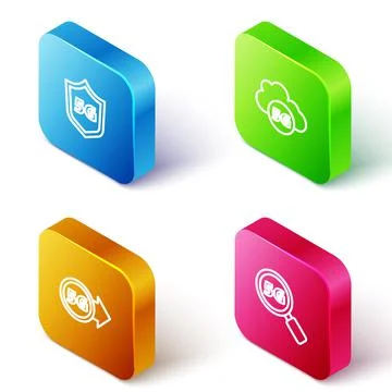 Set Isometric line Protective shield 5G, Cloud network, and Search icon. Vector Stockillustratie