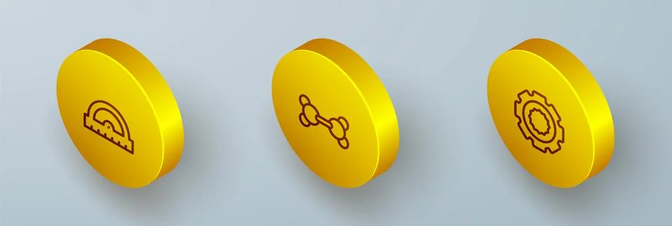 Set Isometric line Protractor grid, Molecule and Gear icon. Vector Stock Illustration