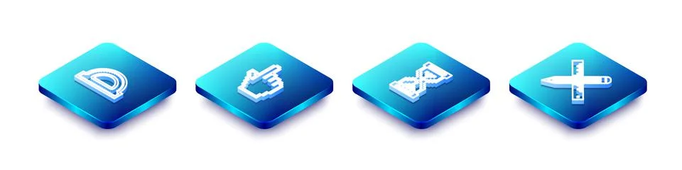 Set Isometric line Protractor grid, Pixel hand cursor, Hourglass pixel and Illustrazione stock