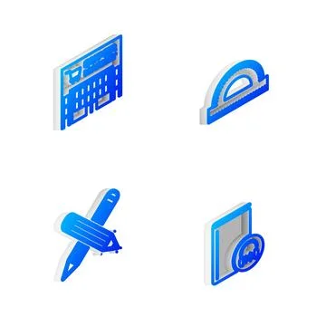 Set Isometric line Protractor grid, Supermarket building, Crossed pencil and  Ilustración de archivo