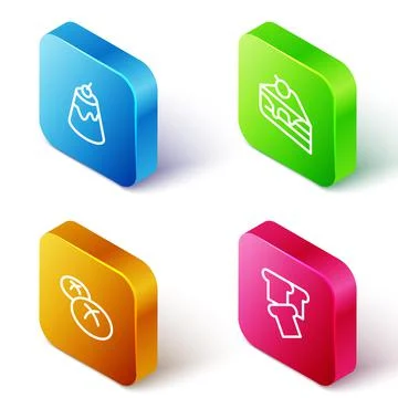 Set Isometric line Pudding custard, Piece of cake, Bread loaf and toast icon Stock Illustration