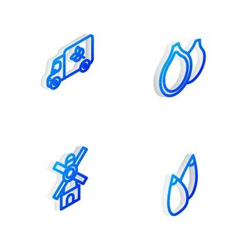 Set Isometric line Pumpkin seeds, Flour truck, Windmill and Seed icon. Vector Stock Illustration