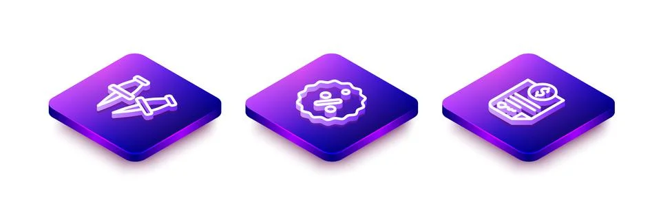 Set Isometric line Push pin, Discount percent tag and Contract money icon Stock Illustration