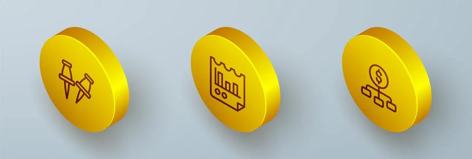 Set Isometric line Push pin, Document with graph chart and Hierarchy dollar icon Illustration