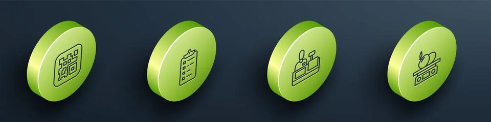 Set Isometric line QR code, Shopping list, Cashier at cash register and Illustrazione stock