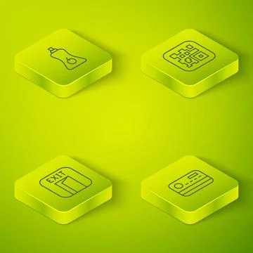 Set Isometric line QR code, Fire exit, Credit card and Sauce bottle icon. Vector Illustrazione stock