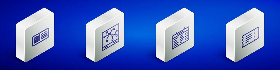 Set Isometric line QR code ticket train, Railway map, Train station board and Illustrazione stock