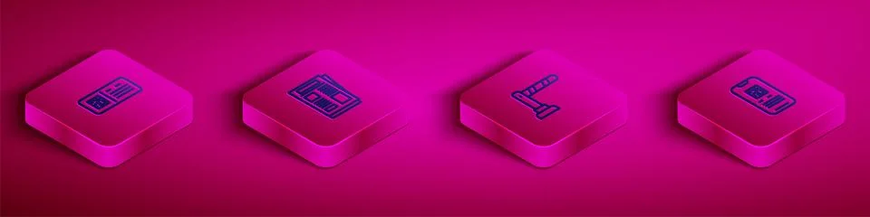 Set Isometric line QR code ticket train, News, Railway barrier and E-ticket icon Illustrazione stock