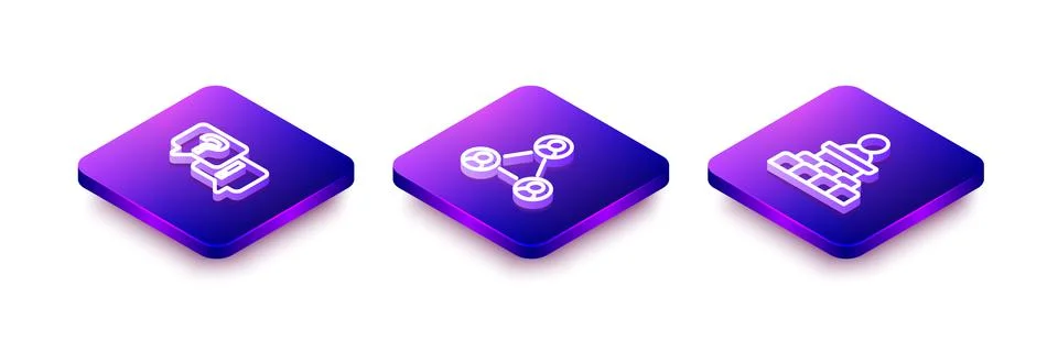 Set Isometric line Question and Answer, Meeting and Speaker icon. Vector Stock Illustration